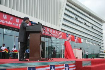President Sirleaf speaking during pre-dedication ceremony of the new and modern terminal at RIA.